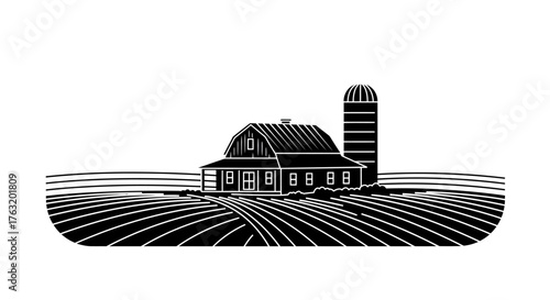 Rustic farm landscape with barn silo and field lines evoking traditional agriculture and rural americana imagery isolated on white background