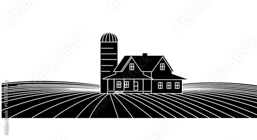 Rustic farmhouse and silo silhouette over agricultural fields evoking rural charm and countryside living isolated on white background