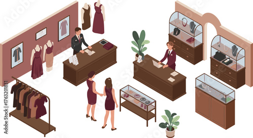 Isometric fashion boutique illustration showing clothing store interior,