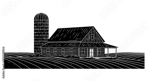 Rustic barn and silo with field landscape countryside rural agricultural building historic farm scene drawing silhouette style isolated on white background