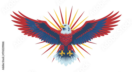 Majestic eagle spreading wings symbolizing freedom strength power and spirituality with radiant sunburst aura isolated on white background