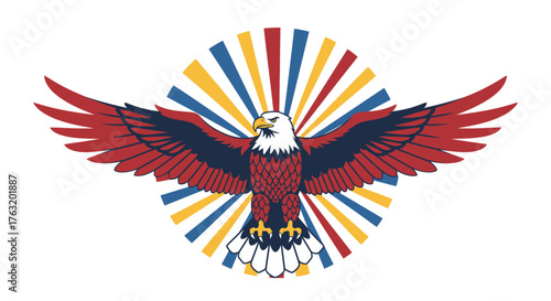 Majestic eagle spreading wings emblem with vibrant sunburst design symbolizing freedom strength and american patriotism isolated on white background