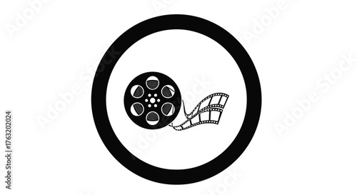 Retro film reel emblem cinematic symbol vintage cinema movie icon entertainment motion picture media production isolated on white background