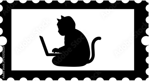 Whimsical silhouette of a cat typing on a laptop computer inside a decorative postage stamp frame isolated on white background