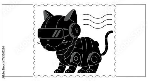 Adorable cybernetic cat character design stylized as a postage stamp for unique digital art and modern creative projects isolated on white background