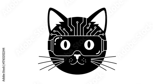 Futuristic cat with virtual reality goggles and circuitry design embodies modern technology and digital exploration for innovation concepts isolated on white background