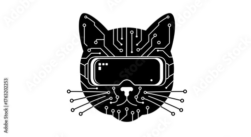 Futuristic cyberpunk cat head with vr goggles integrated circuit design ai technology robot feline futuristic concept isolated on white background