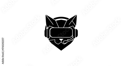 Futuristic cat head wearing virtual reality headset symbol graphic with digital aura symbolizing technology and innovation isolated on white background