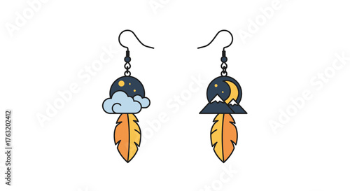 Whimsical feather cloud earrings unique charm bijouterie fashion accessory for trendy women and girls gift idea isolated on white background