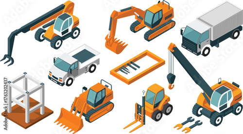 Isometric illustration of construction vehicles and equipment including excavators, cranes, loaders, trucks, bulldozers, and heavy machinery tools
