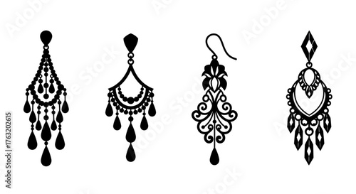 Ornate antique chandelier style dangle earrings set black line art jewelry collection elegant accessories isolated on white background