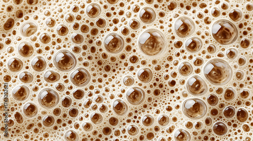 Macro close-up of frothy coffee crema bubbles forming textured golden surface.