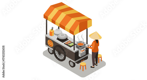 Isometric street food vendor cart with asian cuisine and vendor cooking