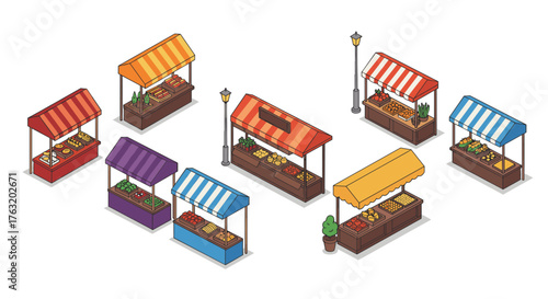 Colorful isometric market stalls with fresh produce and striped awnings