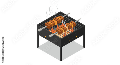 Isometric barbecue grill with skewered meat on a fire