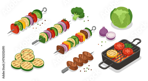 Delicious skewers and vegetables in isometric style for cooking inspiration