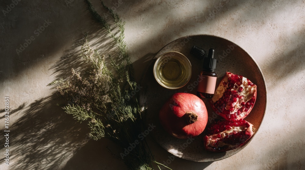 Fototapeta premium Pomegranate oil and fresh fruit arranged on a rustic plate with botanical elements, showcasing natural beauty and healthy skincare concepts