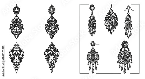 Collection of ornate antique filigree chandelier earrings with intricate detailing timeless elegance for jewelry design inspiration isolated on white background
