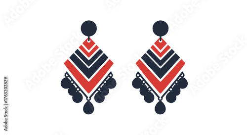 Exquisite ethnic dangle earrings with vibrant geometric pattern and black bead accents bohemian chic fashion accessory isolated on white background