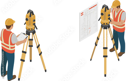 Isometric illustration of land surveyors working with total station equipment, measuring tools, blueprints, and construction site engineering concept