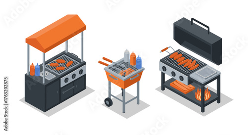 Isometric outdoor grill set with bbq equipment and accessories on white background