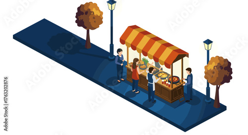 Street night market scene with food stall and people in isometric style
