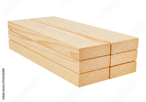 Isolated stack of four wooden planks or boards for carpentry or home improvement projects