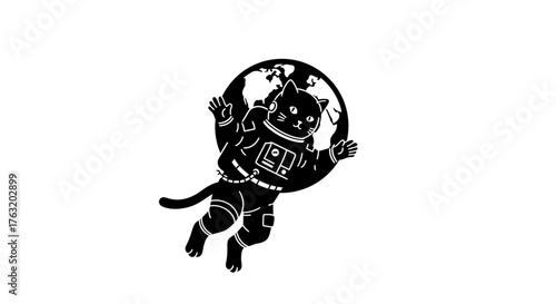 Whimsical black cat astronaut floats joyfully through outer space holding a miniature planet earth in its paws isolated on white background
