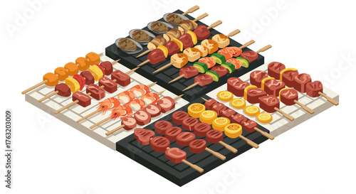 Isometric grilled skewers selection with vegetables and meat varieties on grill