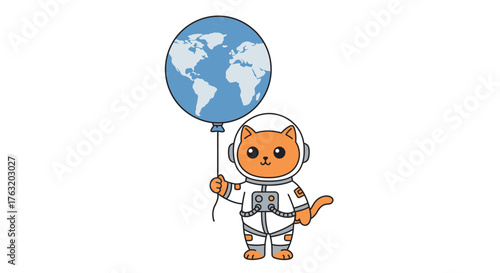 Cute cartoon astronaut cat holds planet earth balloon represents global exploration and cosmic adventure isolated on white background