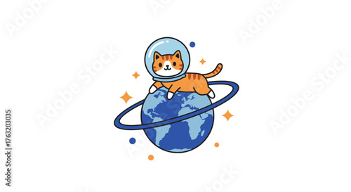 Adorable orange cat astronaut floating among stars and planets in outer space adventure isolated on white background
