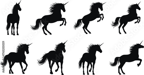 Unicorn silhouette set, mythical horse vector, fantasy animal illustration, black and white magical creature drawing, legendary symbol, fairytale art design