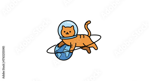Adorable orange tabby cat astronaut floats amongst stars wearing helmet and orbiting earth whimsical space adventure concept isolated on white background