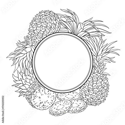 Pineapple Fruits with Leaves Outline Round Frame. Organic natural nutritional healthy food ingredient, vegetarian diet product. Vector isolated for design or decoration.