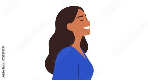 Joyful woman with dark hair laughing out loud in a vibrant blue top with eyes closed celebrating happiness and freedom isolated on white background