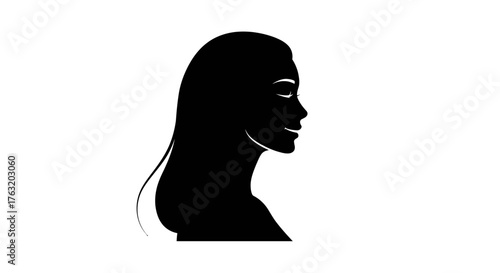 Profile silhouette of a woman with long flowing hair captured in a dramatic black and white artistic representation isolated on white background