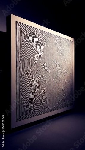 Modern art piece featuring intricate black and white fingerprint patterns on a large canvas in dim lighting