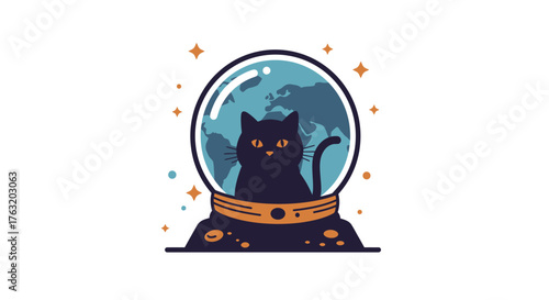 Mysterious black cat gazes from within a glowing crystal ball aura of magic and enchantment isolated on white background