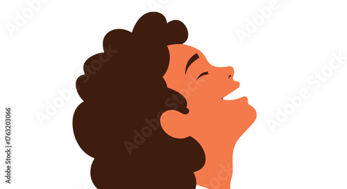 Joyful woman with curly hair exhaling deeply enjoying a moment of peace relaxation and serenity in a clean bright setting isolated on white background