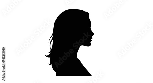 Elegant silhouette profile of a young woman with flowing hair captured in a classic artistic style isolated on white background