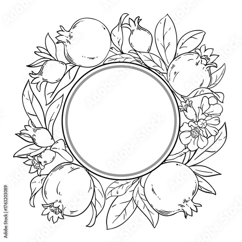 Pomegranate Branch with Flowers, Fruits and Leaves Outline Round Frame. Organic natural nutritional healthy food ingredient, vegetarian diet product. Vector isolated for design or decoration.