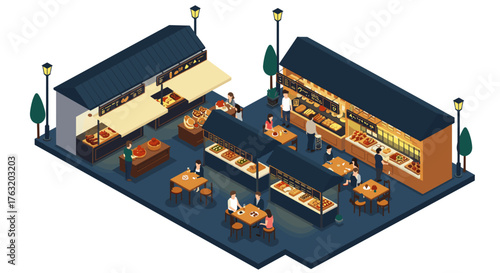 Isometric outdoor bakery market scene with people enjoying pastries and coffee