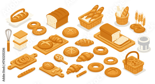Isometric bakery elements: bread, pastries, and baking tools for culinary designs