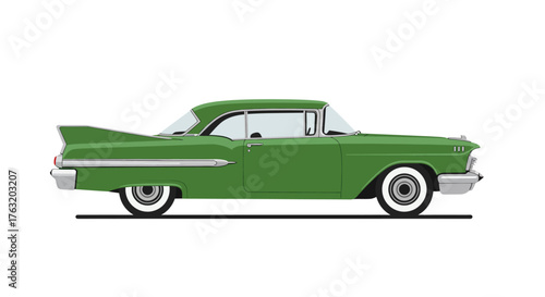 Vintage green american classic car with tail fins side view automotive transportation vehicle retro automobile style isolated on white background