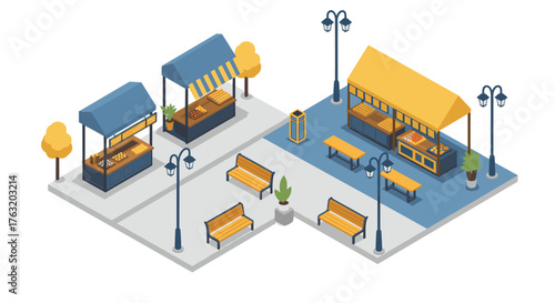 Isometric market stalls in urban park setting with benches and street lamps