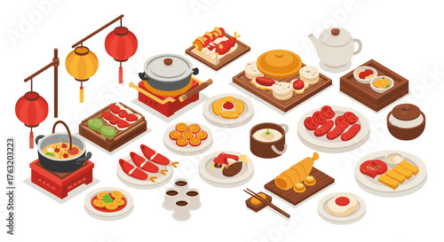 Chinese cuisine spread with traditional lanterns and dim sum delights in isometric style