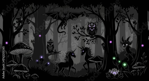 Enchanting dark forest scene featuring unicorns owls and mystical creatures illuminated by ethereal glowing lights isolated on white background