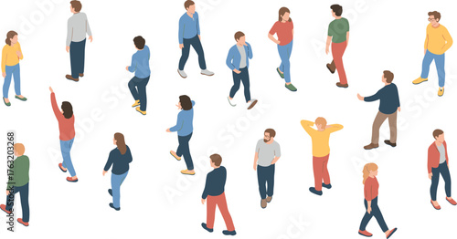 Isometric illustration of people walking and standing, diverse group of men and women in casual clothes, crowd concept