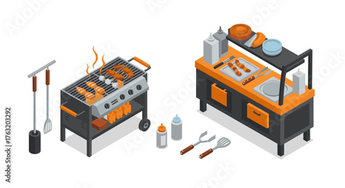 Isometric backyard bbq setup with grilling tools and condiments