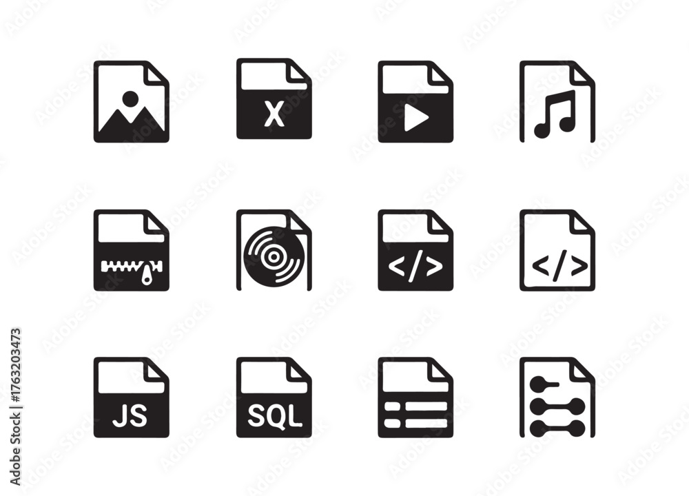 Fototapeta premium Collection of file format icons, a diverse symbol of file extensions, Vector illustration